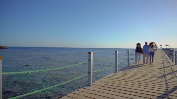 Casal Sênior Andando Com Sua Filha Adulta Cais Junto Mar — Vídeo de Stock