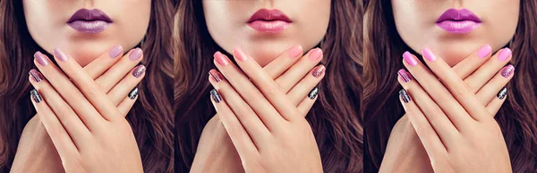 Piękna Kobieta Idealny Makijaż Manicure Nail Design Mody Trzy Odcienie — Zdjęcie stockowe