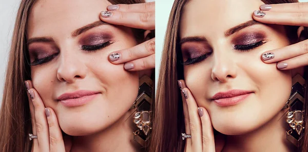 Antes y después del retoque en el editor. Retratos de belleza lado a lado de la mujer con maquillaje y manicura editado — Foto de Stock