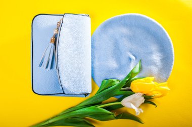 Bayan giyim ve aksesuarları ile Lale bahar. Şık çanta bere, atkı ve çiçekler. Moda