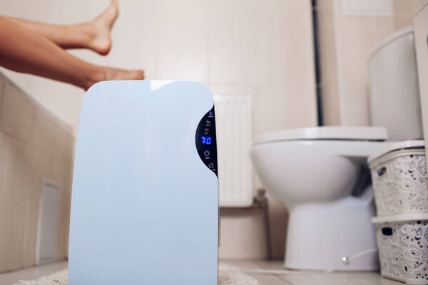 Dehumidifier with touch panel, humidity indicator, uv lamp, air ionizer, water container works in bathroom. Air dryer