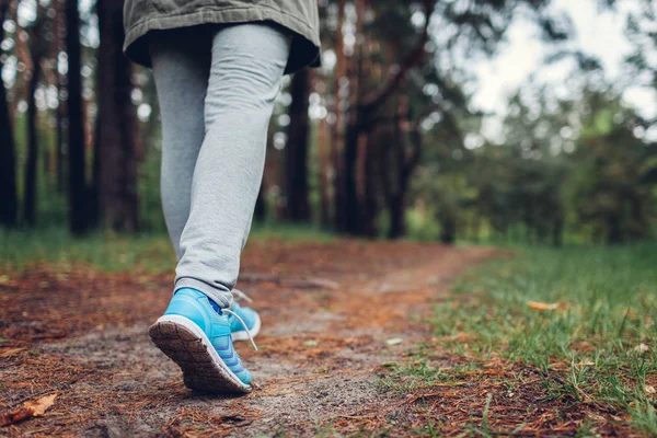 Una turista che cammina nella foresta primaverile. Avvicinamento delle scarpe. Viaggiare e concetto di turismo — Foto Stock