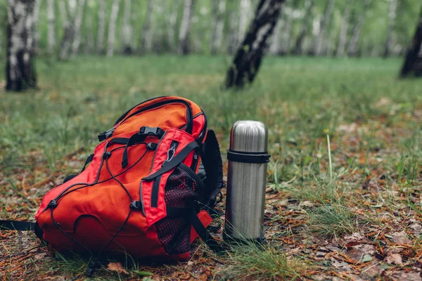 Plecak turystyczny, Termos z herbatą w wiosennym lesie. Podróże i Sport — Zdjęcie stockowe