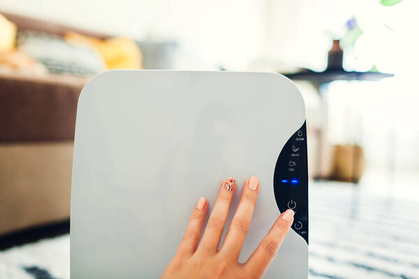 Woman turns dehumidifier on using touch panel at home. Modern airdryer device for cleaning air