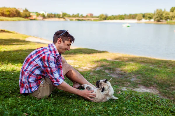 Giovane uomo che gioca con il cane carlino seduto sull'erba. Buon cucciolo divertirsi con il maestro — Foto Stock