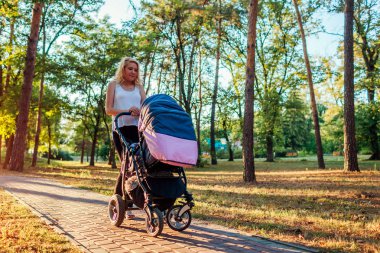 Genç anne bebek arabasıyla yazlık parkta yürüyor. Kadın çocuğuyla dışarıda vakit geçiriyor
