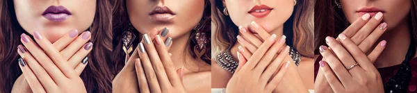 Arte y diseño de uñas. Modelo de moda de belleza con diferentes maquillaje y manicura con joyas. Conjunto de looks — Foto de Stock