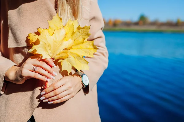 Folhas de outono. Jovem mulher caminhando pelo lago e segurando folhas de bordo amarelo — Fotografia de Stock