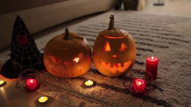 Zucche Jack Lanterna Halloween Casa Decorata Con Simboli Tradizionali Halloween — Video Stock