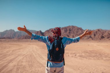 Sırt çantalı turist kollarını kaldırdı mutlu ve özgür hissediyordu Sina Çölü ve dağlarında. Gezgin manzaraya hayran.