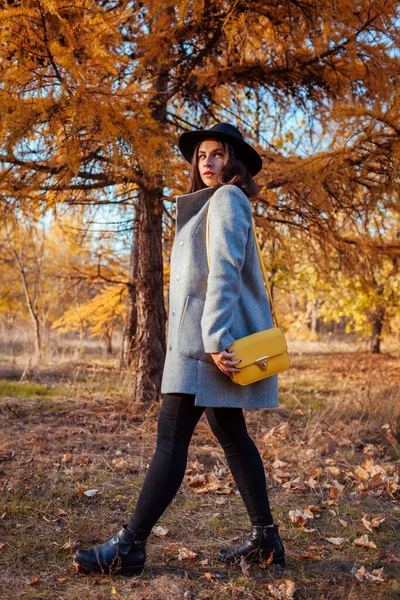 Осенняя Мода Портрет Молодой Женщины Гуляющей Парке Сумочкой Улице Одежда — стоковое фото