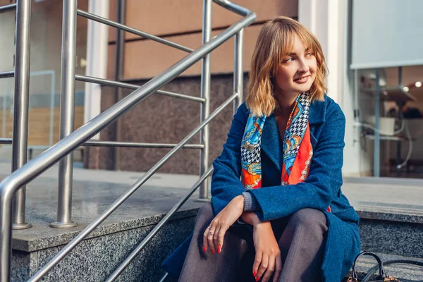 Portrait Stylish Young Woman Wearing Blue Coat Scarf Relaxing Outdoors — Stock Photo, Image