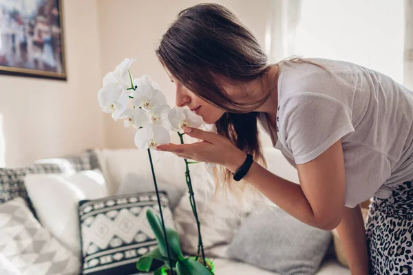 Молодая Женщина Пахнущая Белой Орхидеей Гостиной Домохозяйка Заботится Домашних Растениях — стоковое фото