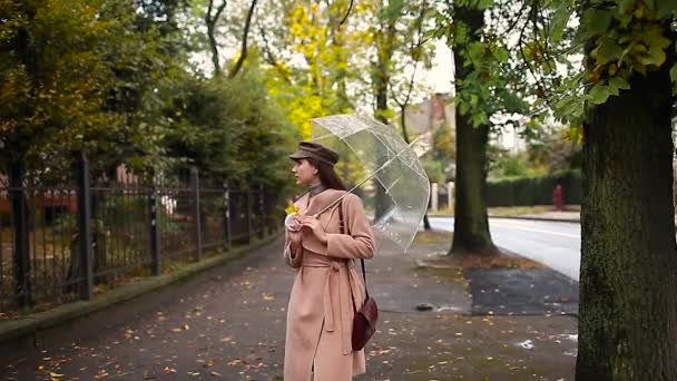 Mujer Bonita Joven Caminando Aire Libre Calle Ciudad Otoño Bajo — Vídeos de Stock