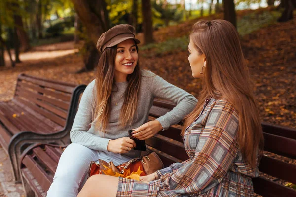 Outdoor portrait of two young women talking sitting on bench in autumn park. Smiling girls hang out together. Best friends