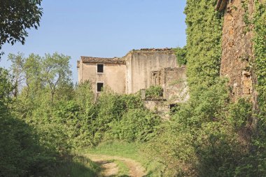 Pastoral manzara şiirsel bitkilerle büyümüş düşmüş ve terk edilmiş evleri karakterize
