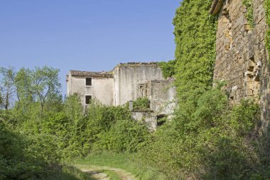 Pastoral manzara şiirsel bitkilerle büyümüş düşmüş ve terk edilmiş evleri karakterize