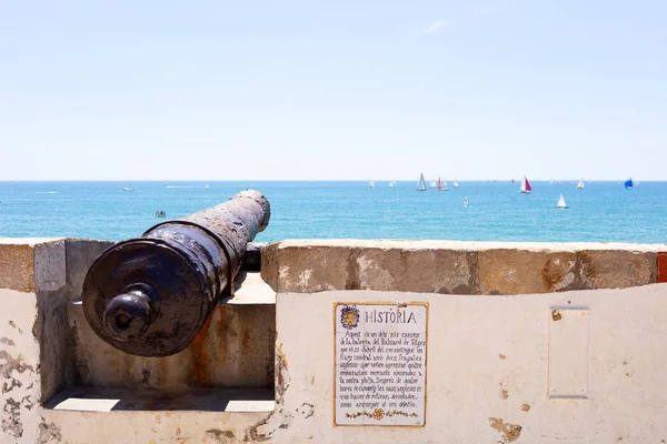 Cañón Sitges Pueblo Con Barcos Navegando Horizonte Mar Azul — Foto de Stock