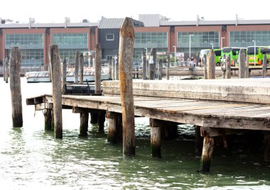bir grup insan ve deniz araçları ile üç yeşil otobüs içinde belgili tanımlık geçmiş Venedik, turist atılmak için kazık ahşap iskele desteklenen