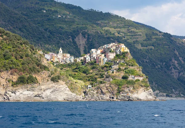 small town of the Corniglia on the Italian coast of the national park of the Cinque Terre, photo made from the sea