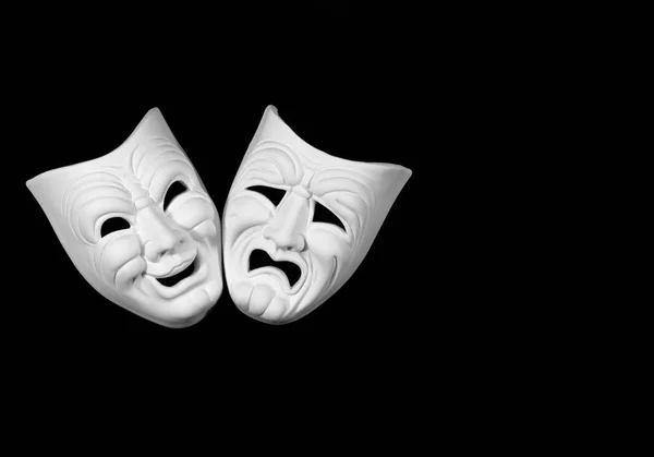 Tiyatro expresing trajedi ve komedi maske, maske metin için boş alan siyah zemin üzerine beyaz