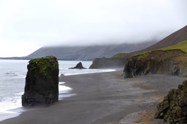 volkanik siyah kum plaj İzlanda'daki büyük bir kayanın ve kayalıklarla