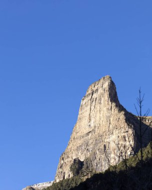 dikey duvar İspanya Ordesa Milli Parkı duvarın dibinde yoğun bir mavi gökyüzü üzerinde orman.