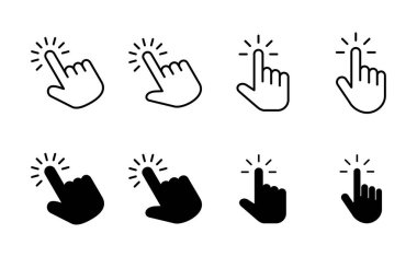 El imleç simgesi seti. Simge vektörüne tıklayın. El şıklaması. işaretleyici