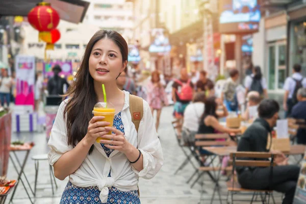 Asian Woman Holding Cup Mango Juice Walking Street Market Shopping — Stock Photo, Image