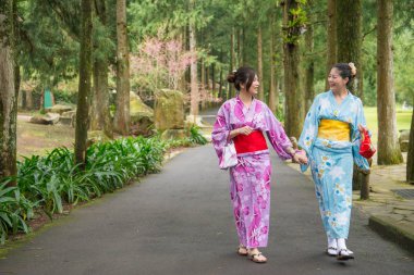 Ellerini bir arada tutan ve ağaç gölgesinde kısa bir yürüyüş alarak iki Asyalı kadınlar.