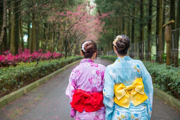 Duas Turistas Asiáticas Fazendo Uma Curta Caminhada Sob Árvore Flor — Fotografia de Stock