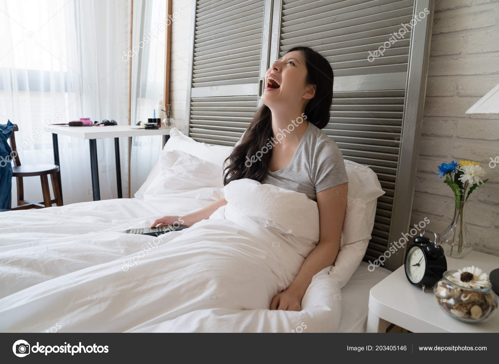 Asian Woman Sit Bed Watching Television Excitement She Smile