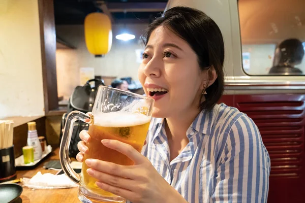 Asian Woman Drinking Japanese Bar Smiling Happily Enoying Nightlife Osaka — Stock Photo, Image
