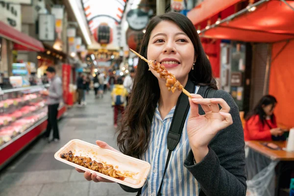 Pretty Asian Woman Enjoying Street Food Kind Japanese Cuisine Yakitori — Stock Photo, Image
