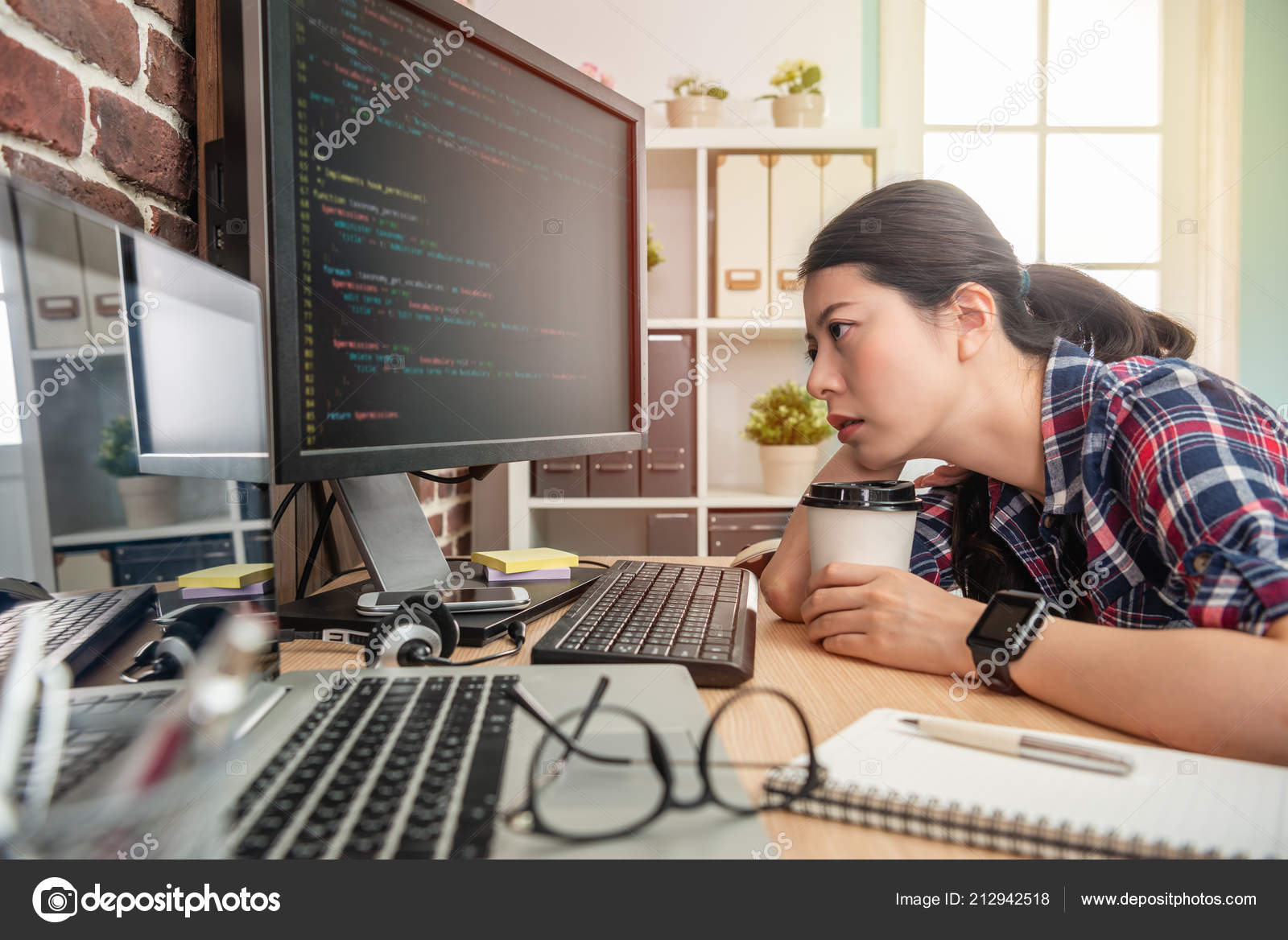 Beautiful Female Programmer Feeling Exhausted Holding Coffee