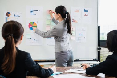 bir genç iş kadını beyaz tahta önünde duran ve sunu.