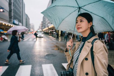 yağmurlu günde, mavi bir şemsiye ile yol geçiş güzel hanım bu yağmurlar onu tutar. Japon fotoğrafçı seyahat Kyoto City, Japonya.