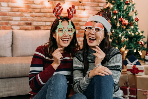 Picture showing two of friends celebrating Christmas at home. young females having fun with fake glasses on face. girlfriends face to camera joyfully smiling.