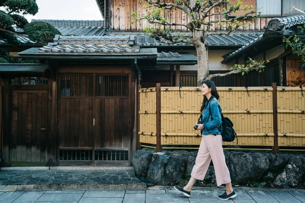 Full Length Photo Pretty Female Photographer Relaxing Walking Street Holding — Stock Photo, Image