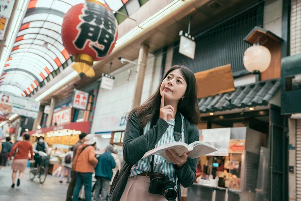 Cheerful Woman Traveler Camera Holding Guidebook Travel Japan Osaka Travel — Stock Photo, Image
