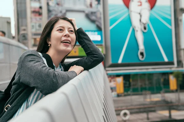 Elegant Female Traveler Relying Bridge Next Billboard Famous Attraction Osaka — Stock Photo, Image
