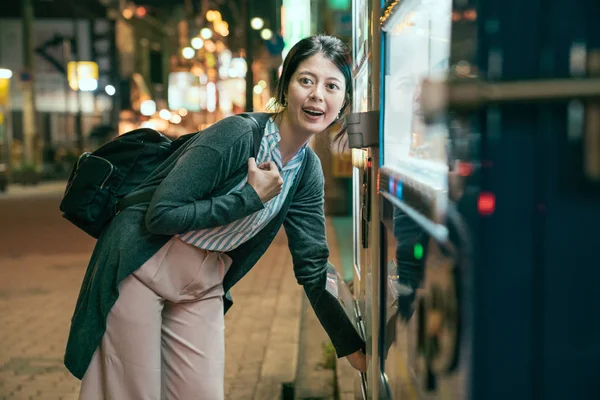 Young Businesswoman Buying Drink Vending Machine Night Office Lady Late — Stock Photo, Image