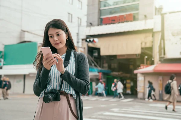 Joyful Lady Tourist Using Online Map App Cell Phone Finding — стоковое фото