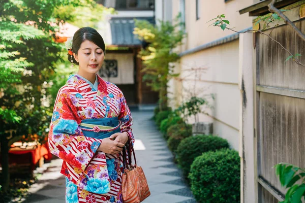 Békés Kertben Színes Kimonó Áll Napos Elegáns Japán Hölgy Fiatal — Stock Fotó