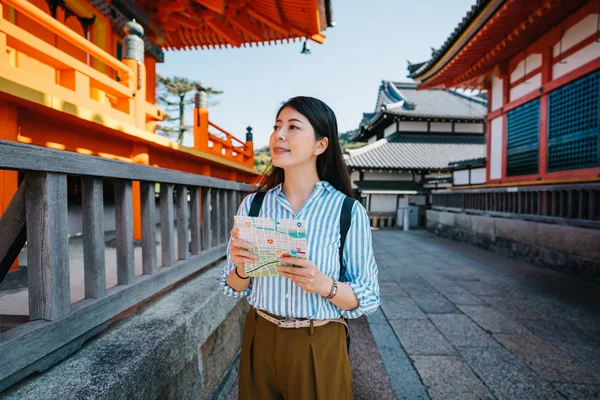 Elegant Lady Holding Guidebook While Visiting Famous Temple Japan Young — Stock Photo, Image