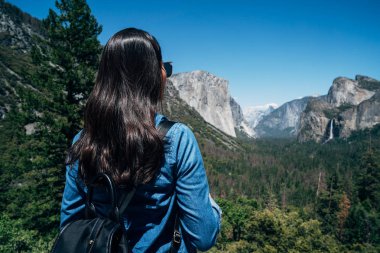 kadın uzun yürüyüşe çıkan kimse yosemite Milli Parkı içinde dağ hiking görünümü bakarak. doğa manzara trekking giyen içinde Genç Asyalı backpacker sırt çantaları. kız zevk inanılmaz orman doğa görünümü yaz tatili