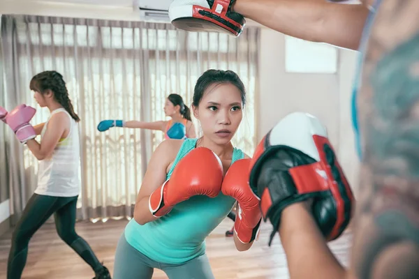 Grupo Asiáticos Juntar Boxe Clube Fazendo Boxe Exercício Ginásio Jovem — Fotografia de Stock