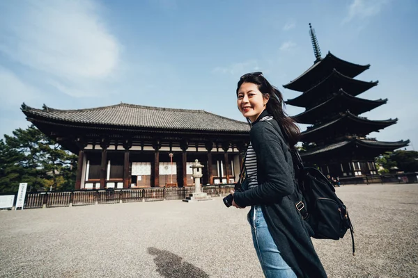 Girl Traveler Backpacker Sightseeing Standing Front Ground Kofukuji Asian Woman — Stock Photo, Image