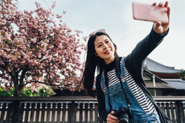Asian Charming Girl Take Selfie Beautiful Sakura Tree Park Kofukuji — Stock Photo, Image
