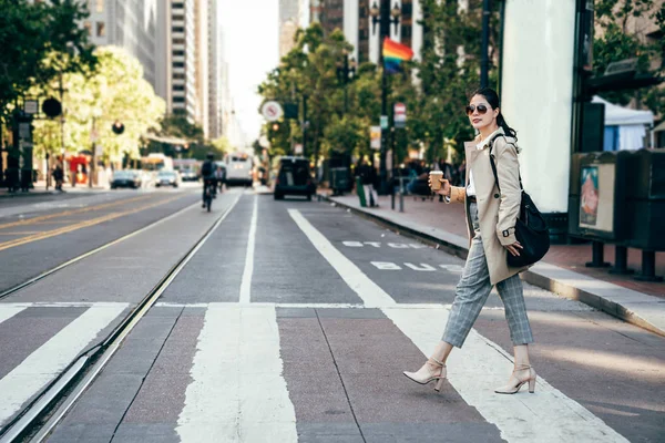 Young Office Lady Holding Coffee Confident Walking Road Wearing High — Stock Photo, Image